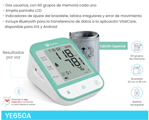 Baumanómetro digital de brazo, recargable y con Bluetooth.