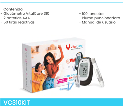 Kit glucómetro con 50 tiras reactivas y 100 lancetas vitalcare 310