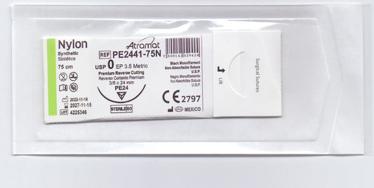 Sutura Atramat nylon negro usp 0, 75 cm aguja pe-24 reverso cortante premium 24 mm 3/8 circulo pe2441-75n