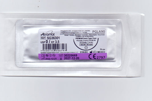 Sutura Atramat pgla90 violeta usp 0, 70 cm aguja sg-36 ahusada gruesa premium 36 mm 1/2 circulo sg36301