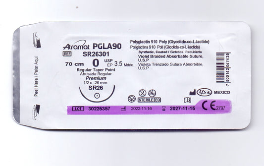 Sutura Atramat pgla90 violeta usp 0, 70 cm aguja sr-26 ahusada regular premium 26 mm 1/2 circulo sr26301