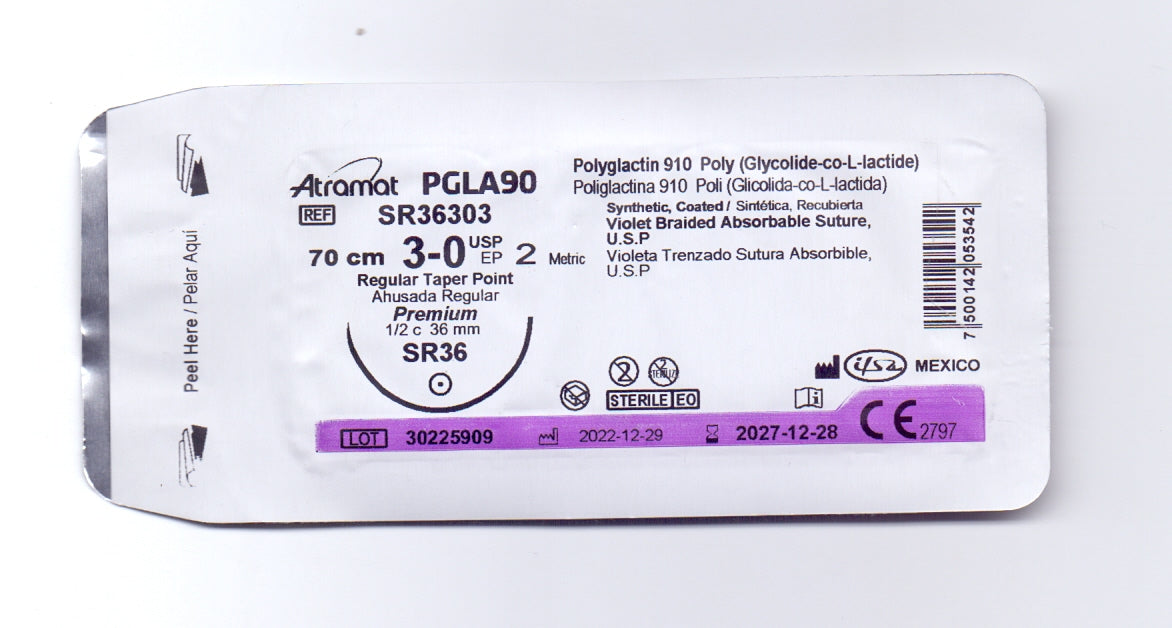Sutura Atramat pgla90 violeta usp 3-0, 70 cm aguja sr-36 ahusada regular premium 36 mm 1/2 circulo sr36303