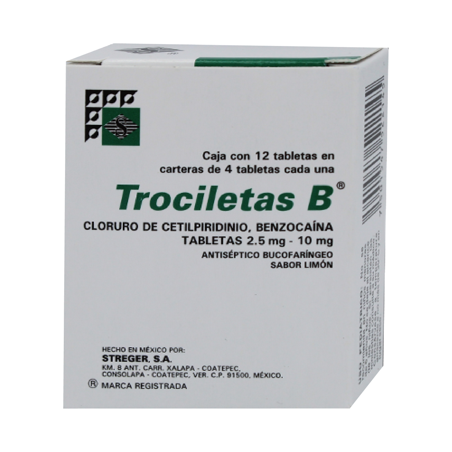 Trociletas B (Cloruro de Cetilpiridinio, Benzocaína) Tabs 2.5mg/10mg Cja c/10 tabs