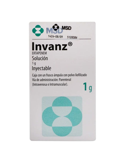 Invanz 1 g  ( Ertapenem ) Caja con un Frasco Ámpula con Polvo Liofilizado